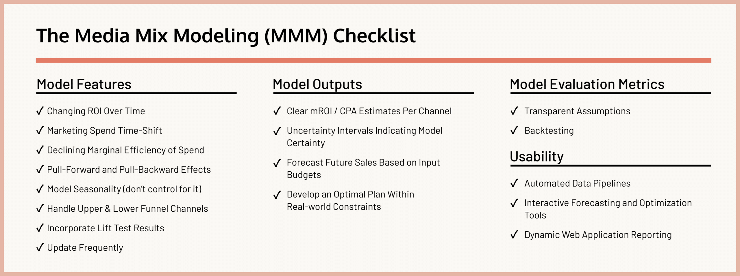 A checklist for media mix modeling (MMM) projects.